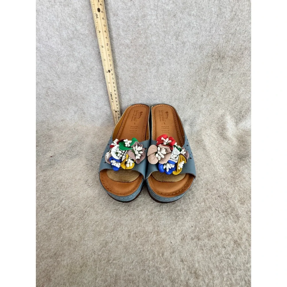 Spring Step Ortopedi Women Blue Leather Floral Wedge Sandals EU 42 Comfort US 10